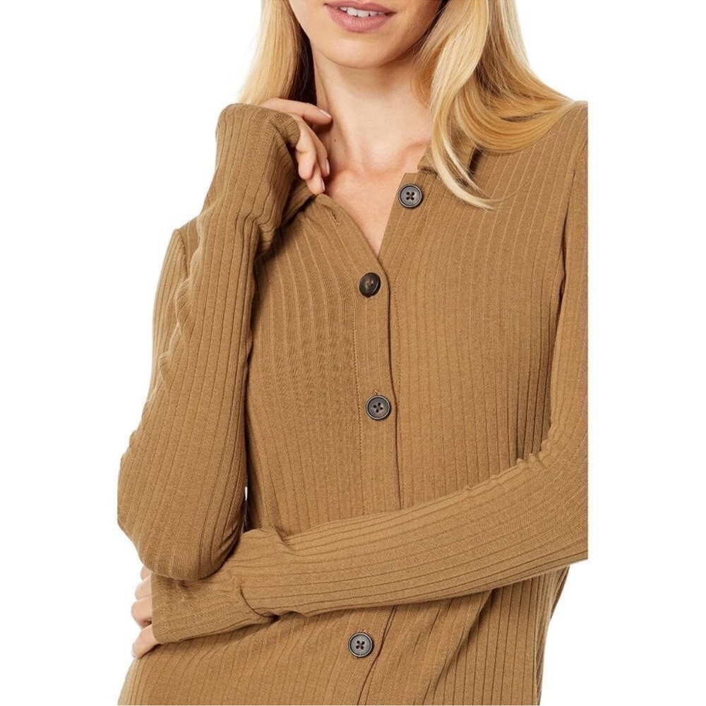 Madewell Fitted Ribbed Button-Up Sweater Dress Camel Tan Large NWT Retail $110 - Picture 5 of 15